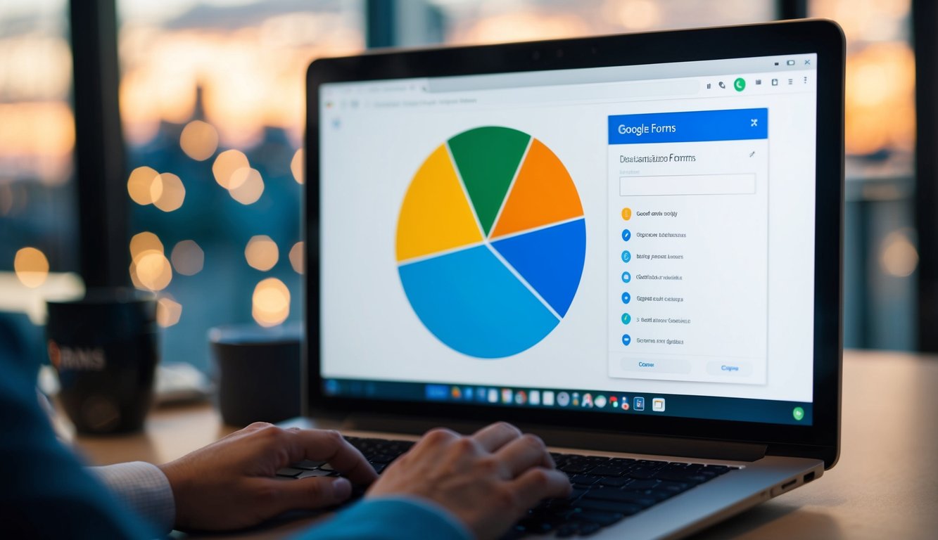 A computer screen displaying Google Forms with a pie chart customization menu open, allowing for advanced features to be added