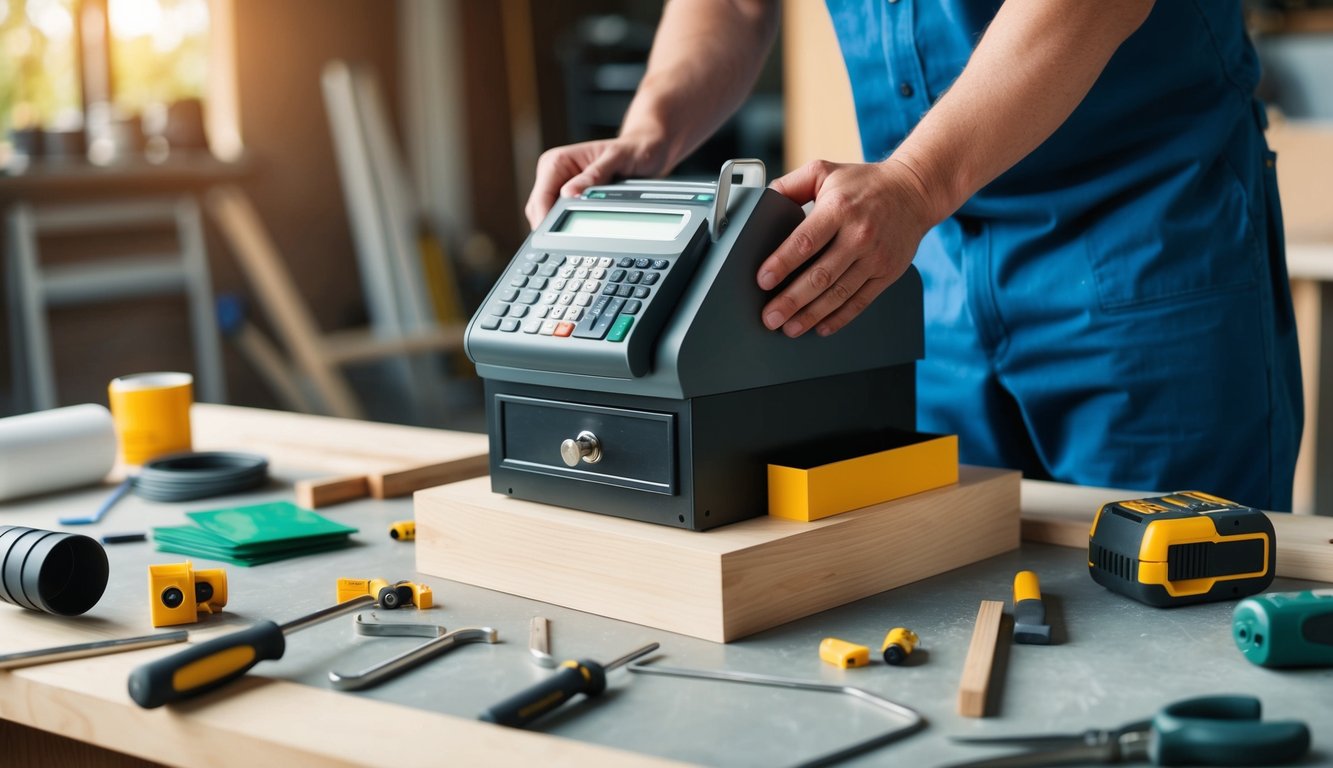 A person using tools to construct a cash register with a sturdy foundation. Materials and tools scattered around the work area