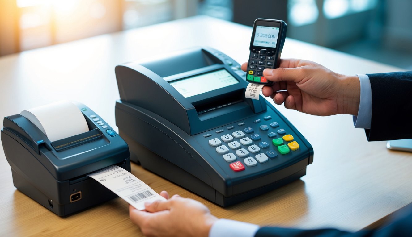 A cash register being integrated with a barcode scanner and receipt printer, with added enhancements for digital payment options