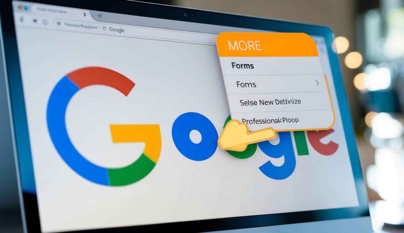 A computer screen displaying a web browser open to Google's homepage. The cursor hovers over the "More" option in the top right corner, revealing a drop-down menu with the "Forms" option highlighted