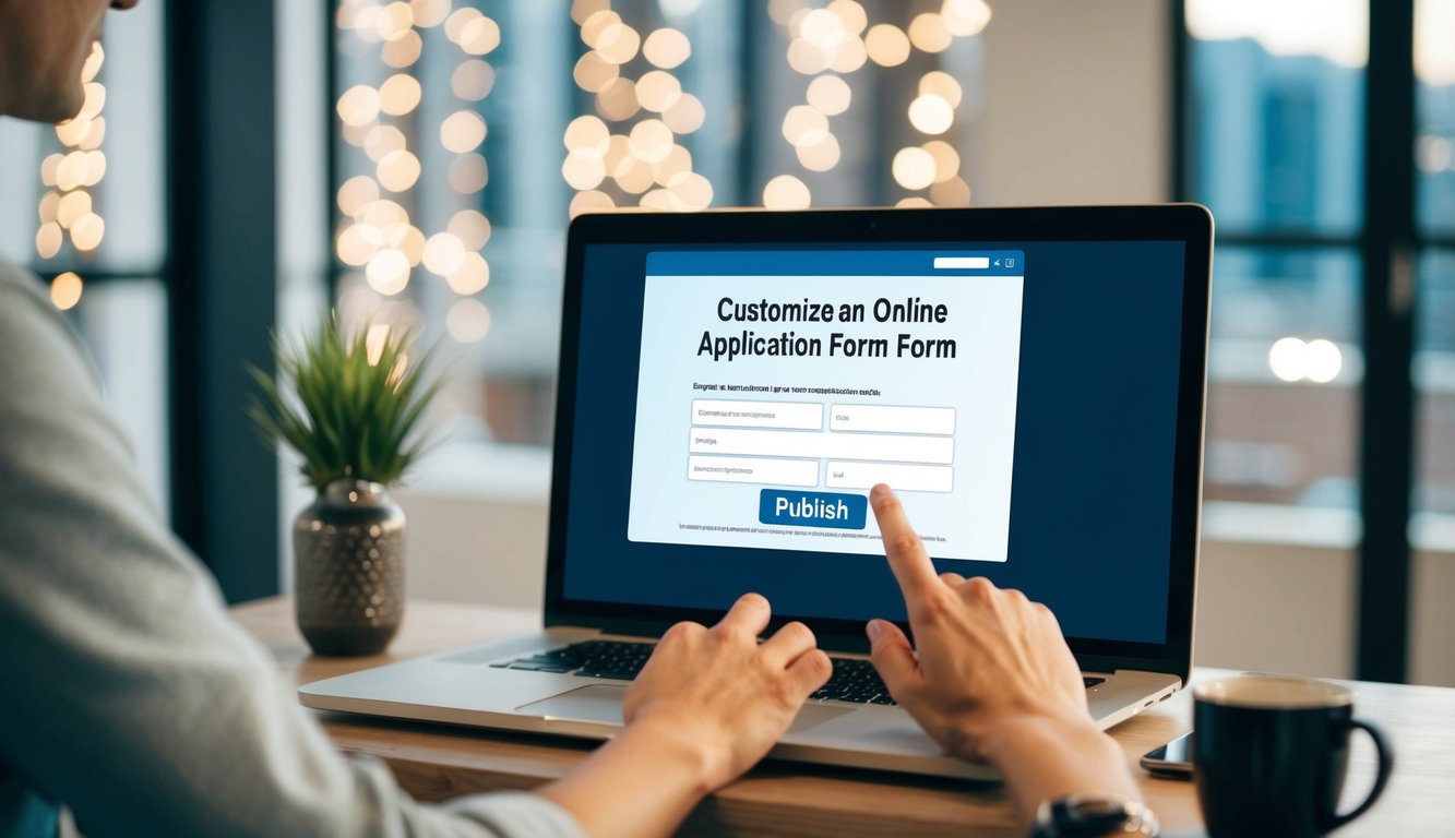 A person customizes an online application form on a computer, then clicks a "publish" button