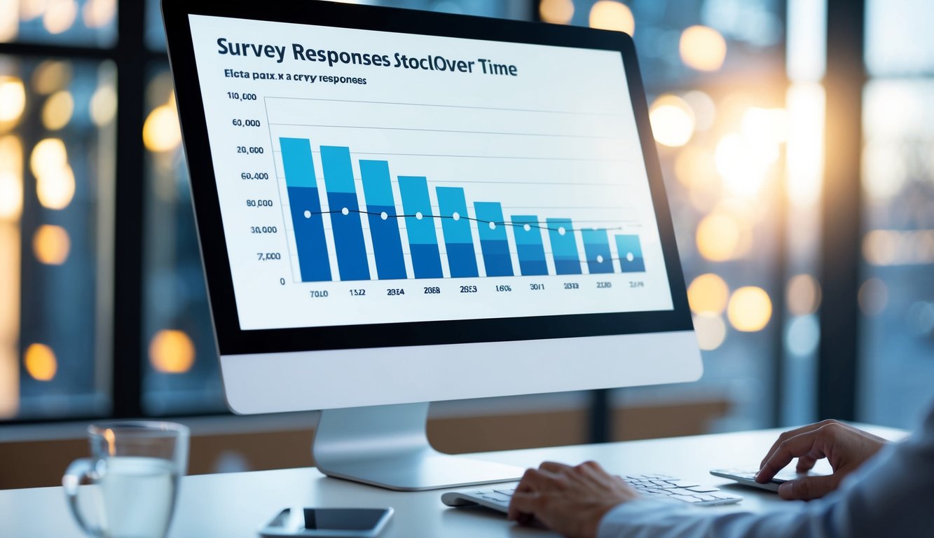 A computer screen displaying a graph of survey responses over time, with a mouse cursor clicking on different data points for analysis