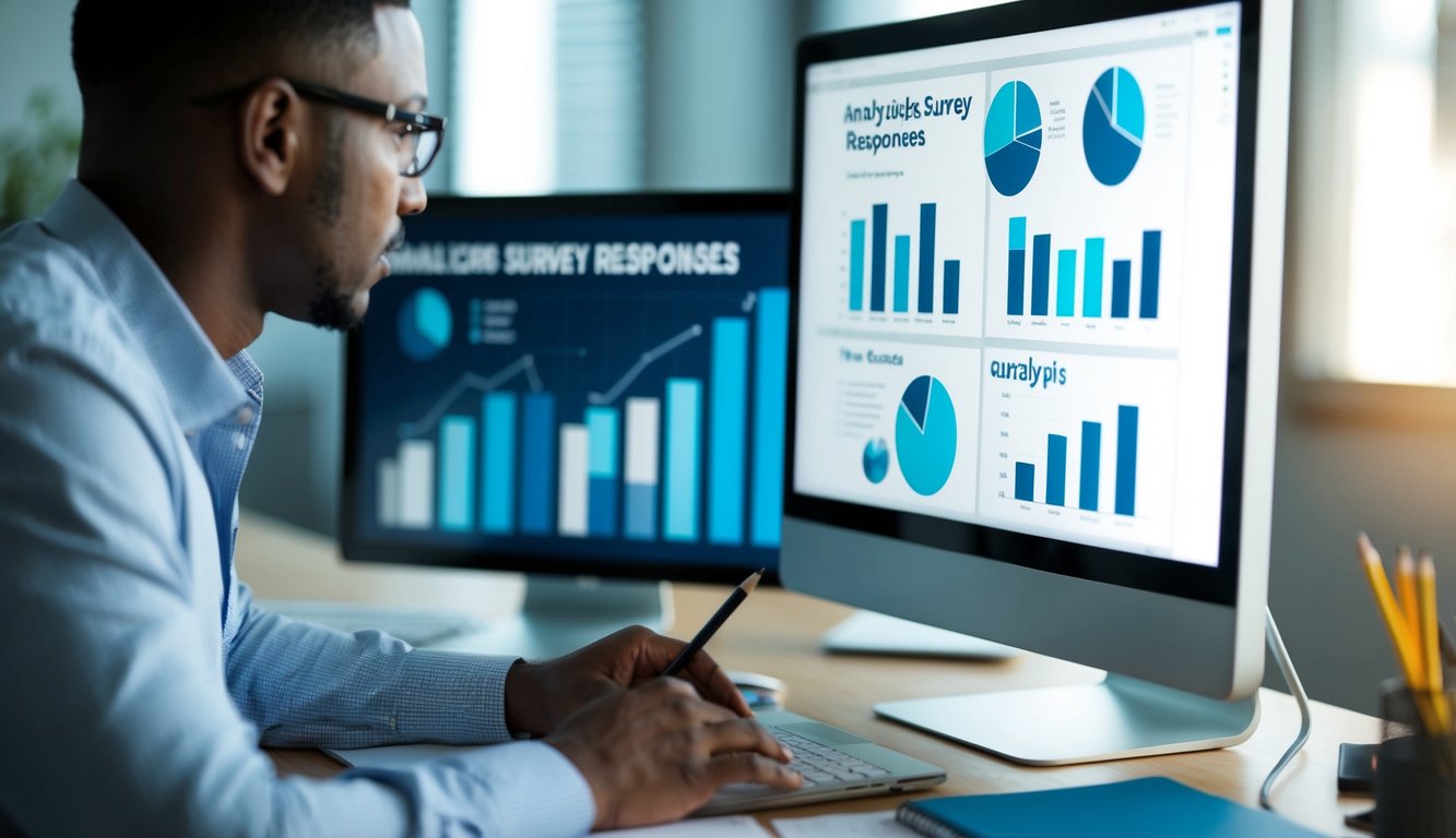 A person analyzing survey responses on a computer, surrounded by charts and graphs, with a pencil and notebook nearby