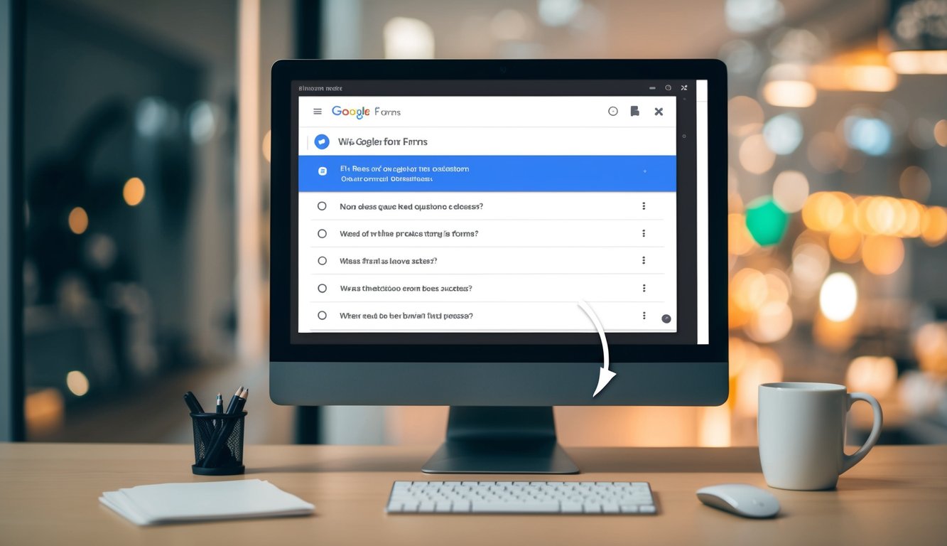 A computer screen displaying Google Forms with a series of questions and options. An arrow indicates the skip logic setup process