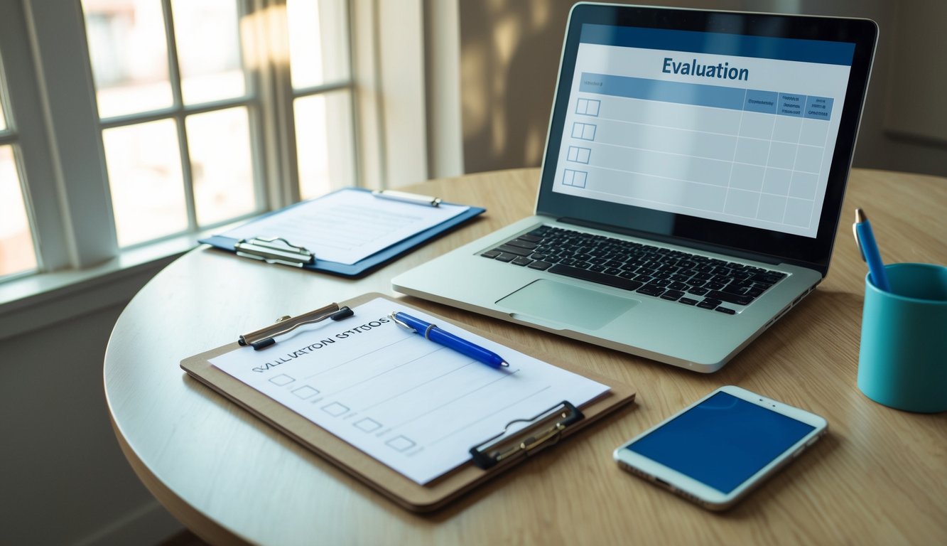 A table with a pen, clipboard, and checklist. A laptop displaying a blank evaluation form. Light from a window casts shadows on the scene