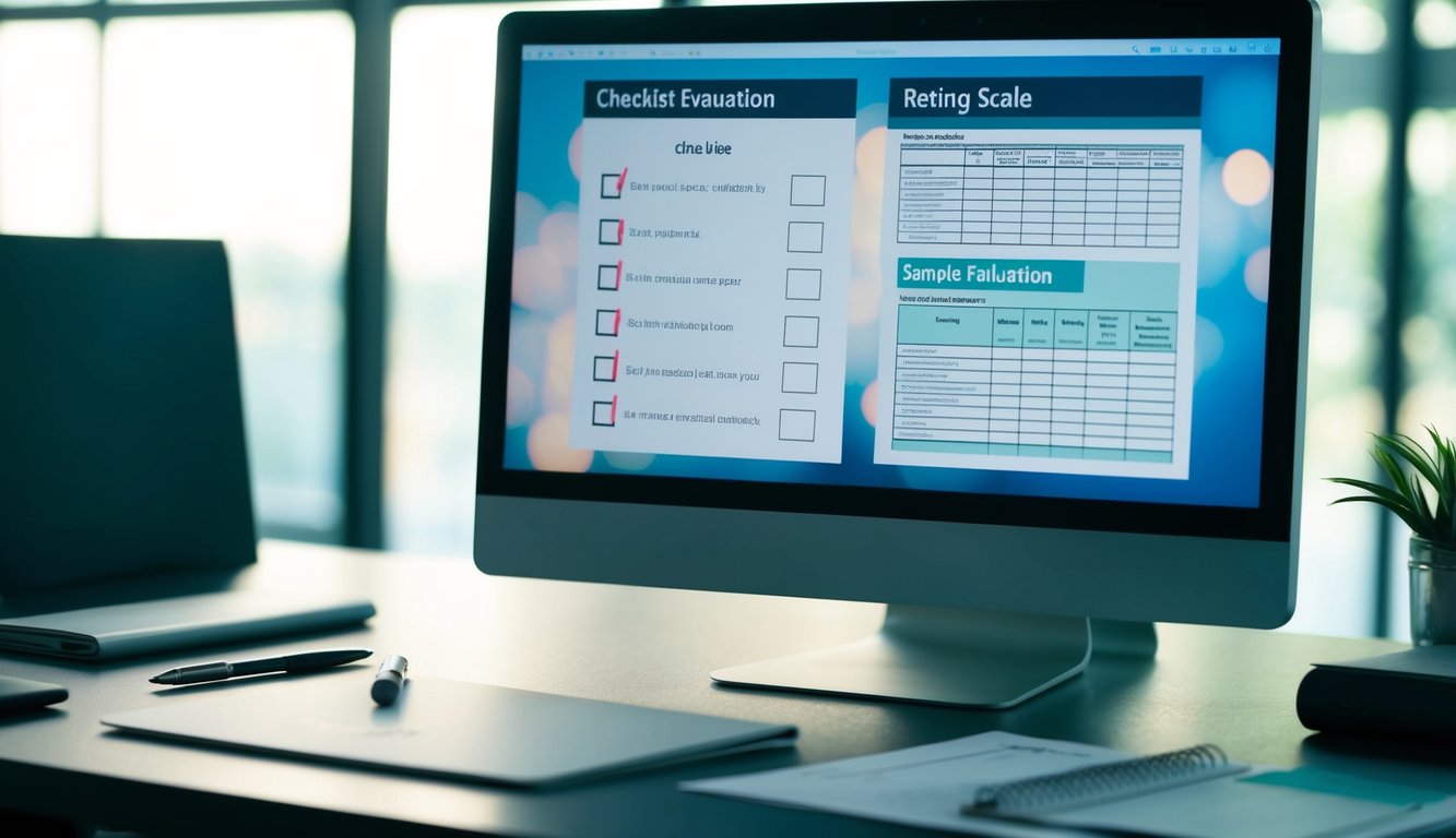 A desk with a computer, pen, and paper. A checklist and rating scale are visible on the screen. An open binder with sample evaluation forms