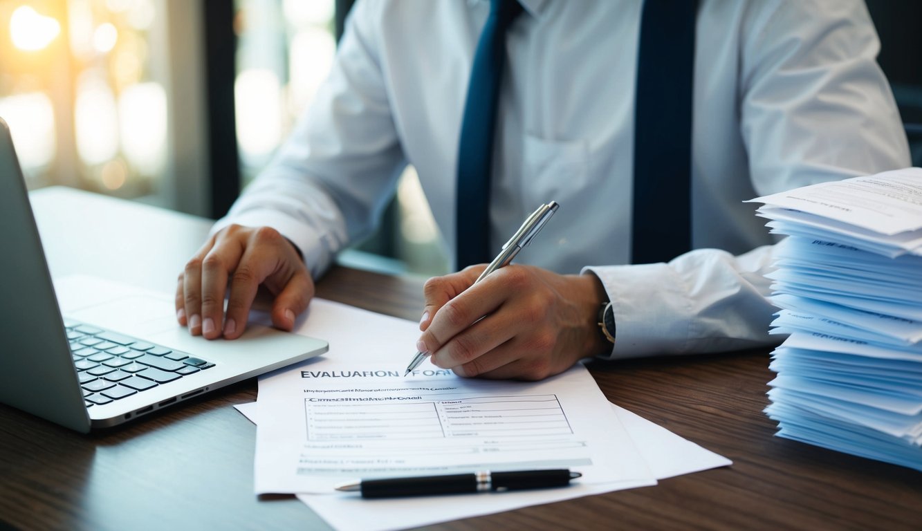 A desk with a laptop, pen, and paper. A person filling out an evaluation form with a thoughtful expression. A stack of completed forms nearby