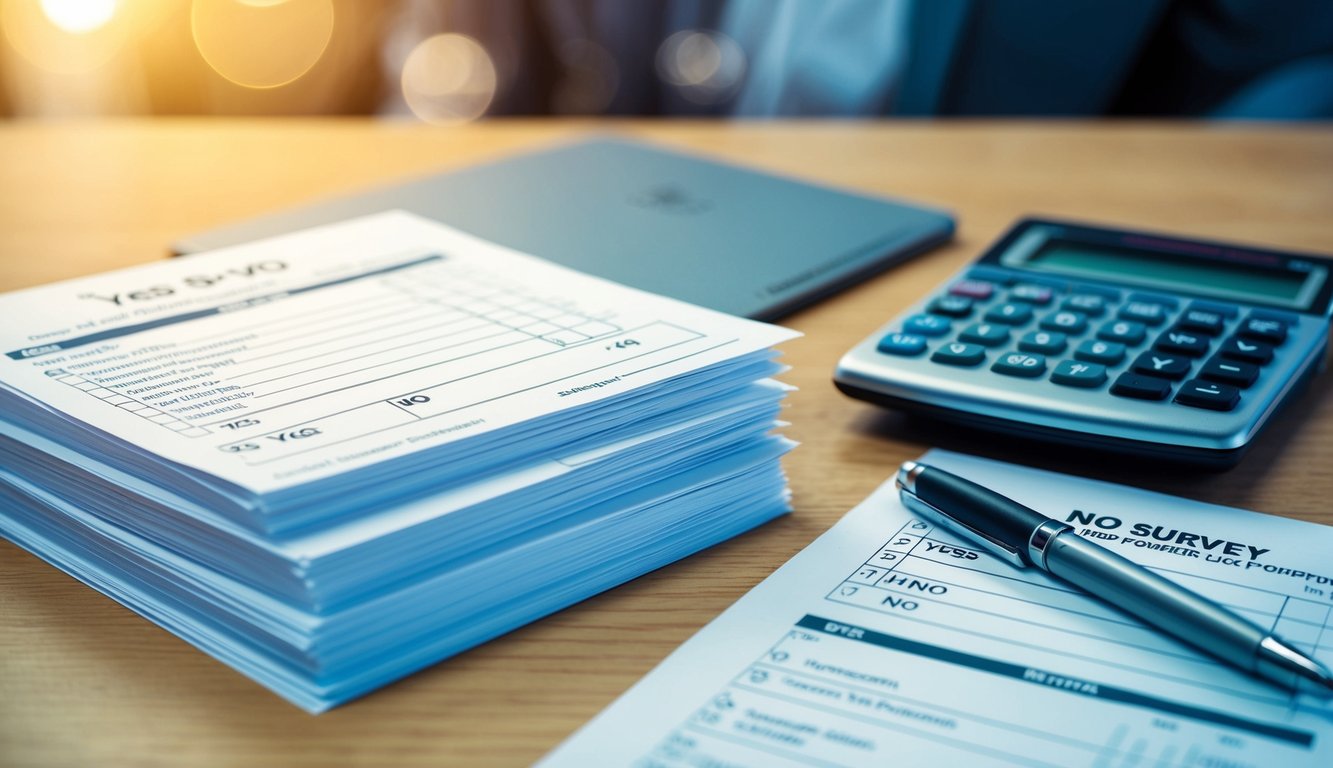 A stack of yes and no survey forms, a calculator, and a pen on a desk. Tally marks and numbers are visible on the forms