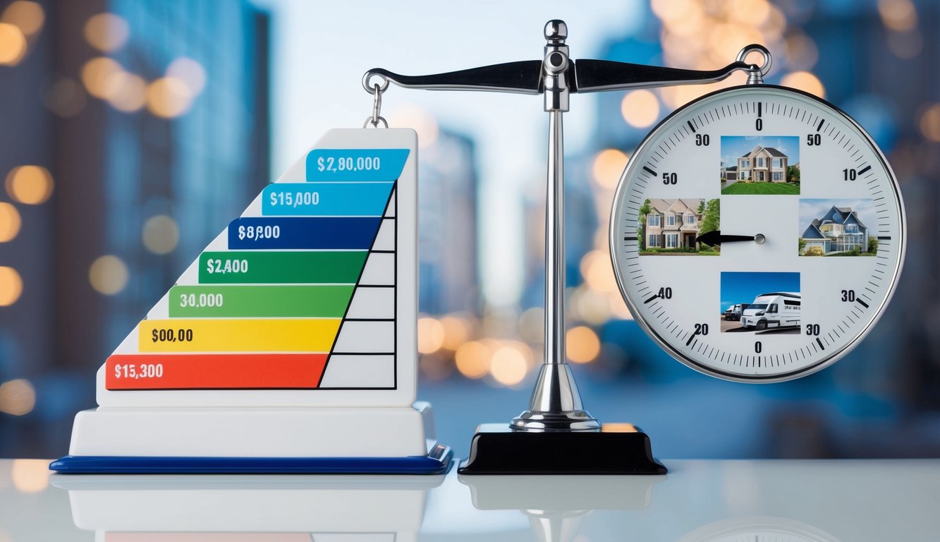 A scale with various income brackets, a chart showing education levels, and images representing housing and transportation options