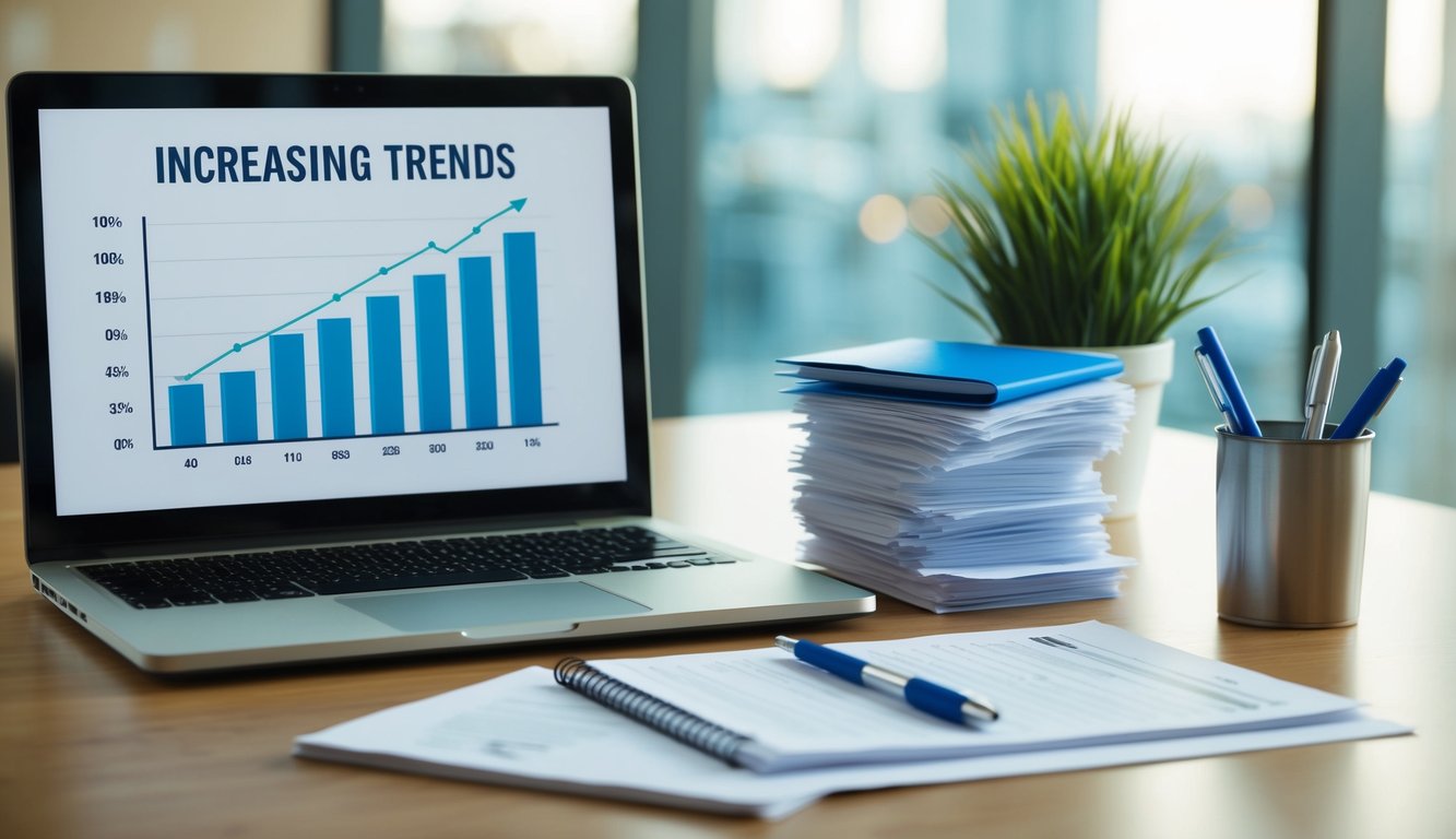 A table with a laptop, pen, and notepad. A graph showing increasing trends. Suggestions box with a stack of survey forms