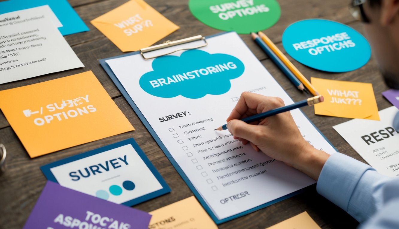 A person brainstorming with a pencil and paper, surrounded by various survey questions and response options