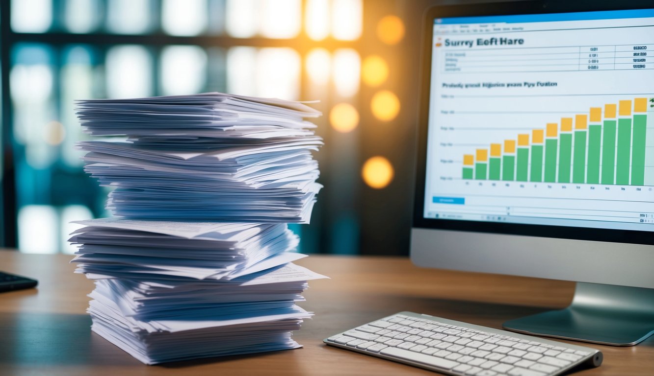 A stack of survey forms with a variety of question types, a computer displaying survey software, and a chart showing increasing response rates over time