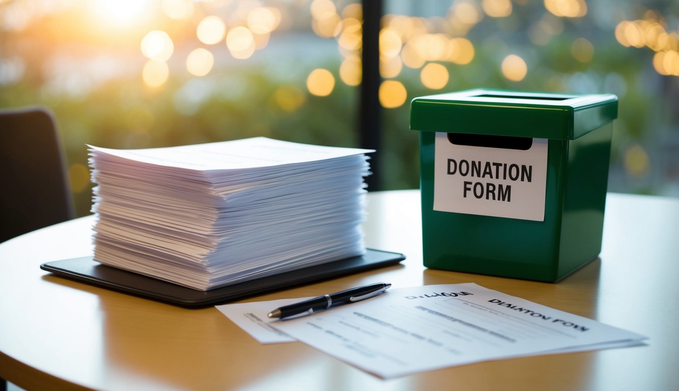 A table with a stack of blank donation forms, a pen, and a donation box with a slot for inserting completed forms