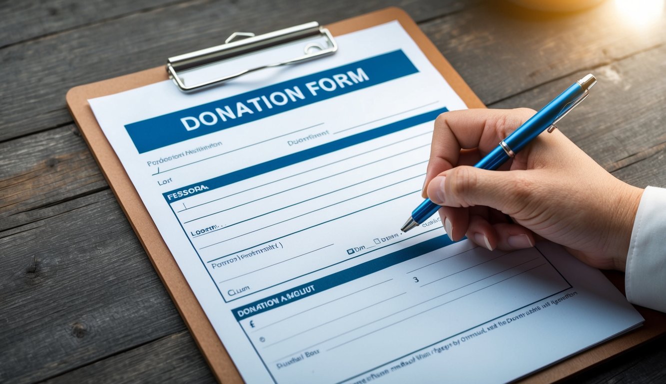 A hand holding a pen, filling out a donation form on a clipboard. The form has fields for personal information and donation amount. A clear call-to-action button is visible