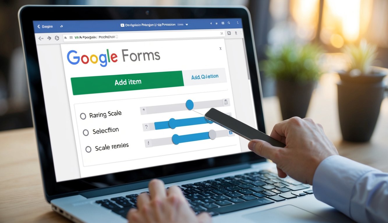 A computer screen displaying a Google Forms page. A cursor hovers over the "Add item" button, ready to create a new question. The rating scale option is selected, and the scale is being adjusted using the slider tool