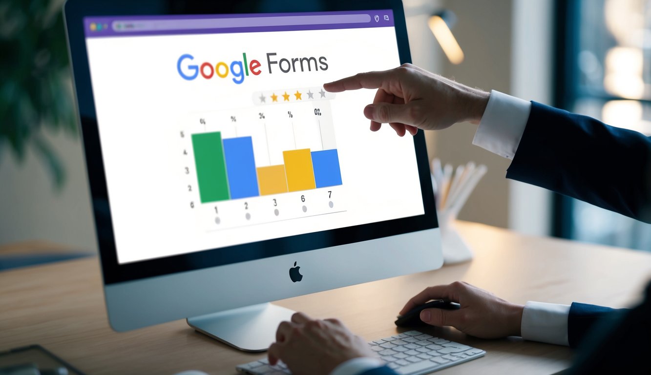 A computer screen displays Google Forms with a rating scale being set up. A mouse hovers over the scale, adjusting the options