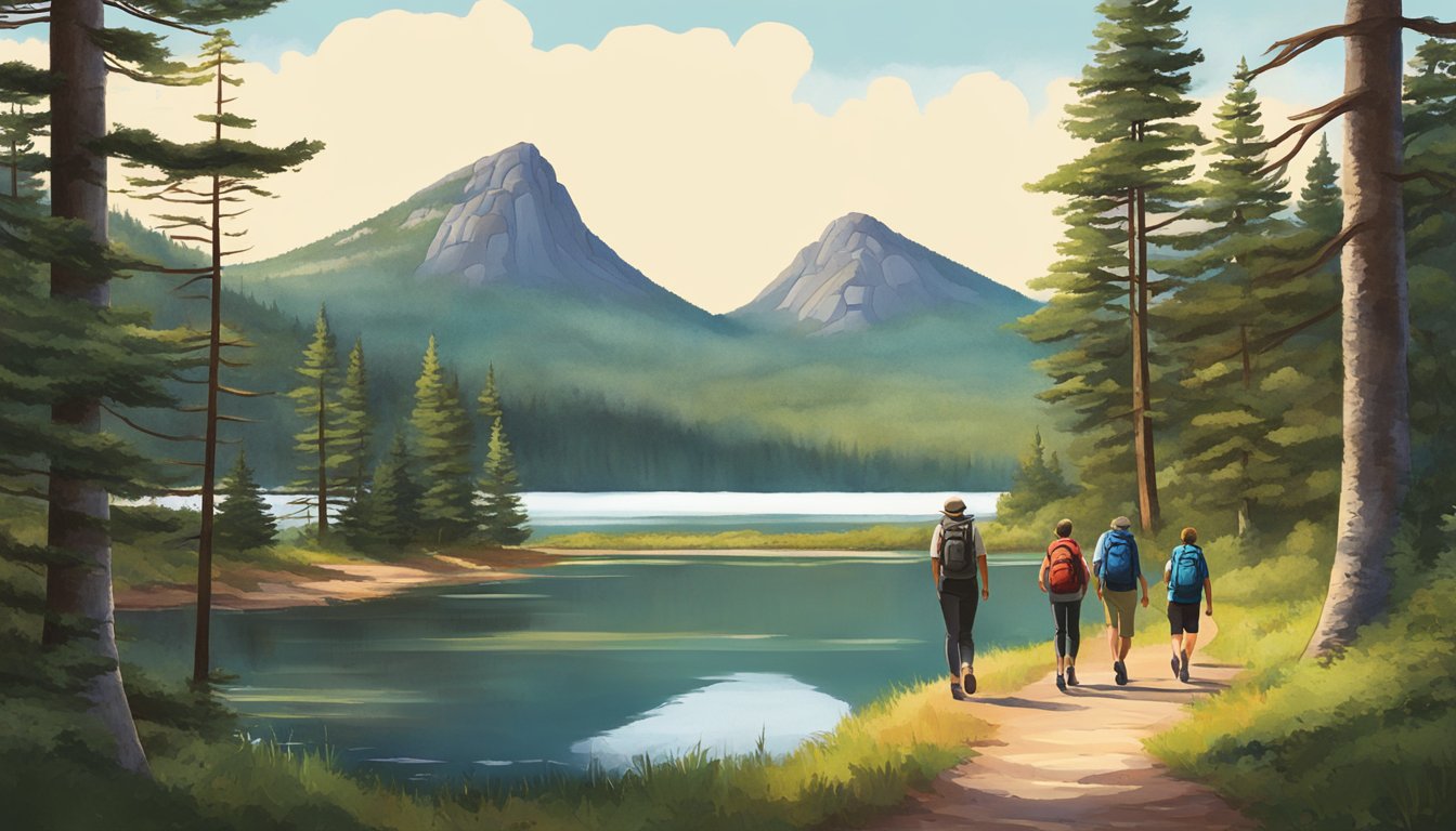 A family of four hikes along a forested trail, passing by a serene lake and towering mountain peaks in Acadia National Park