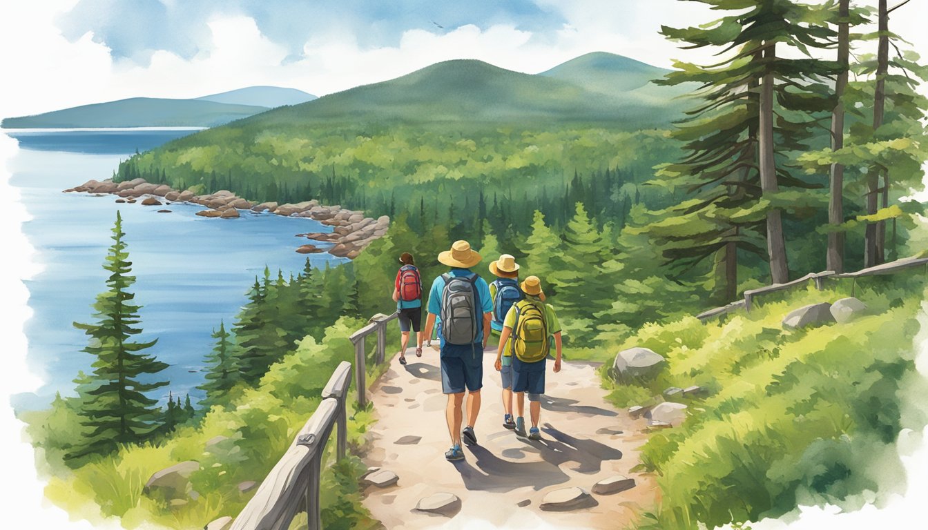 A family hikes along a scenic trail in Acadia National Park, surrounded by lush greenery, towering trees, and distant mountain views. The path winds through rocky terrain, with glimpses of wildlife and peaceful streams
