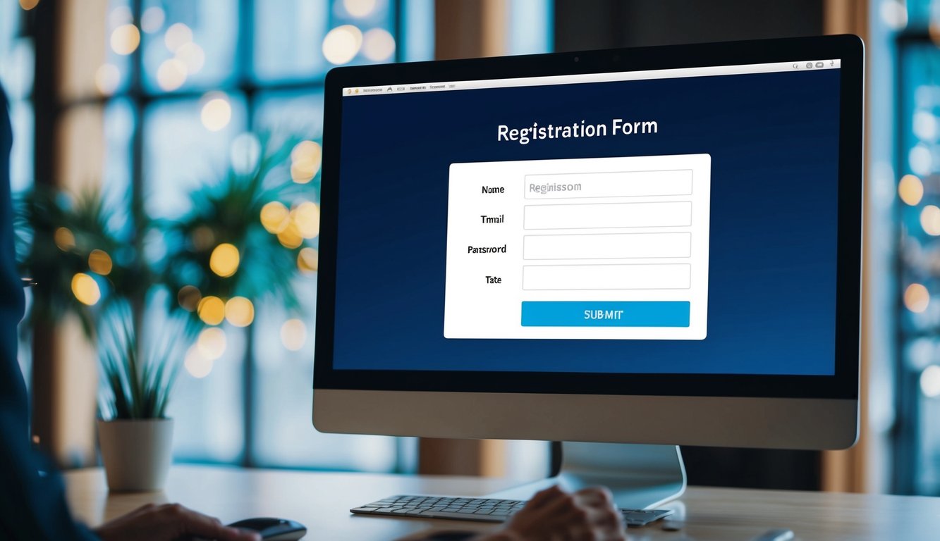 A computer screen displaying a registration form with input fields for name, email, password, and a submit button. A mouse cursor hovers over the submit button