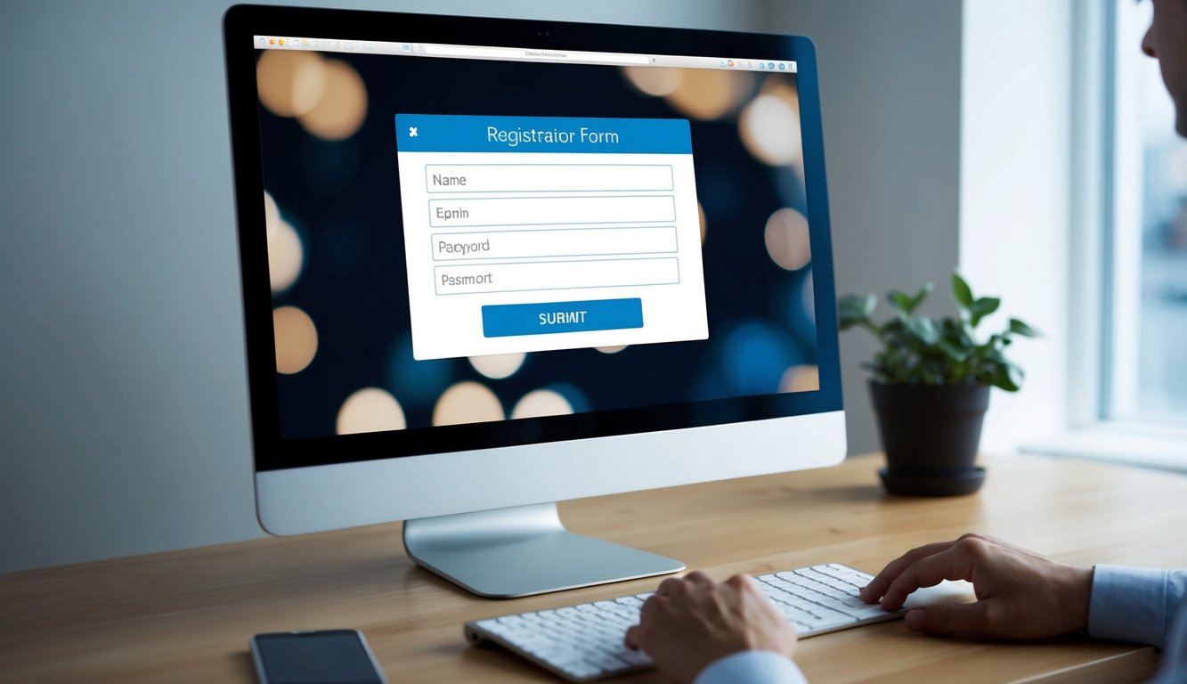 A computer screen with a web browser open, displaying a registration form. The form includes input fields for name, email, password, and a submit button