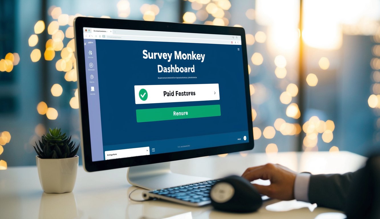 A computer screen showing a survey monkey dashboard with a cursor clicking on the "Paid Features" tab and then selecting the option to remove them