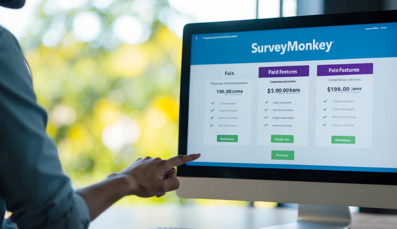 A computer screen with SurveyMonkey's pricing plans displayed, a cursor clicking on the paid features to remove them