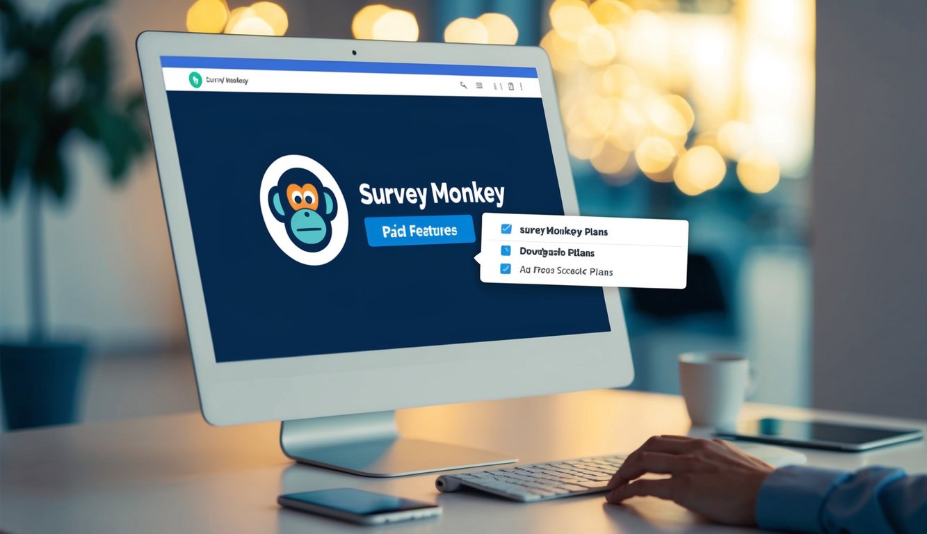 A computer screen with a survey monkey dashboard open, a cursor hovering over the "Paid Features" tab, and a dropdown menu showing options to downgrade plans