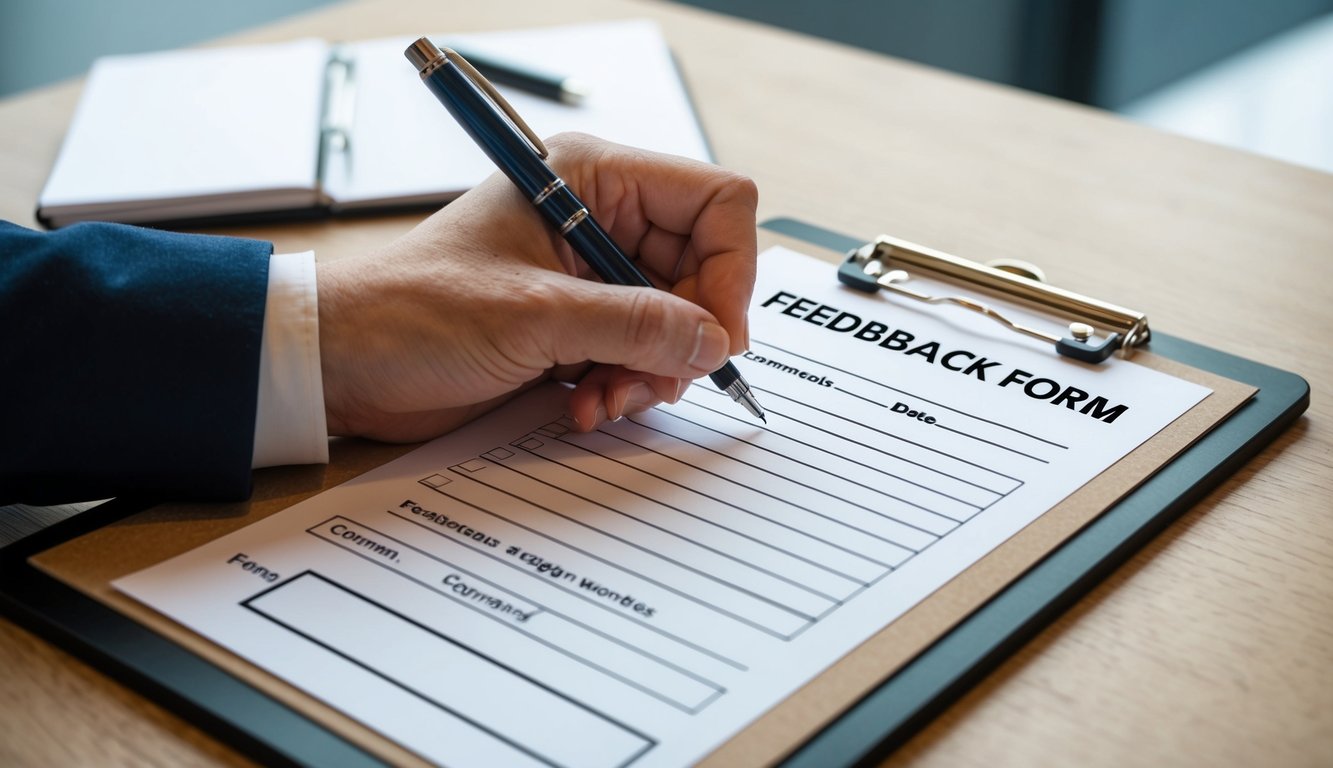 A hand holding a pen, filling out a blank feedback form on a clipboard. The form has spaces for comments and ratings, with a suggestion box at the bottom