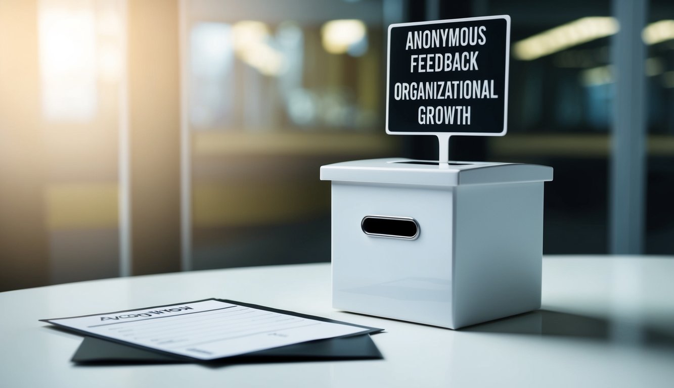 A suggestion box placed on a table, with a slot for inserting feedback forms. A sign above it reads "Anonymous Feedback for Organizational Growth."