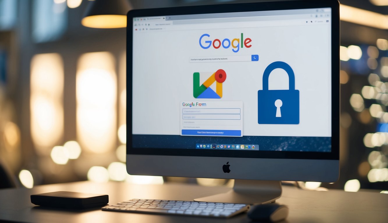 A computer screen displaying a Google Form with a lock icon overlaid, a keyhole, and a padlock symbolizing password protection