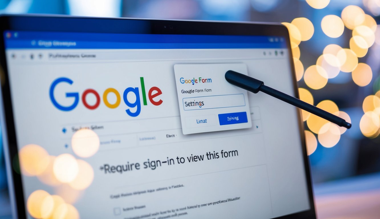 A computer screen with a Google Form open, a cursor clicking on the "Settings" button, and then selecting the "Require Sign-in to View this Form" option