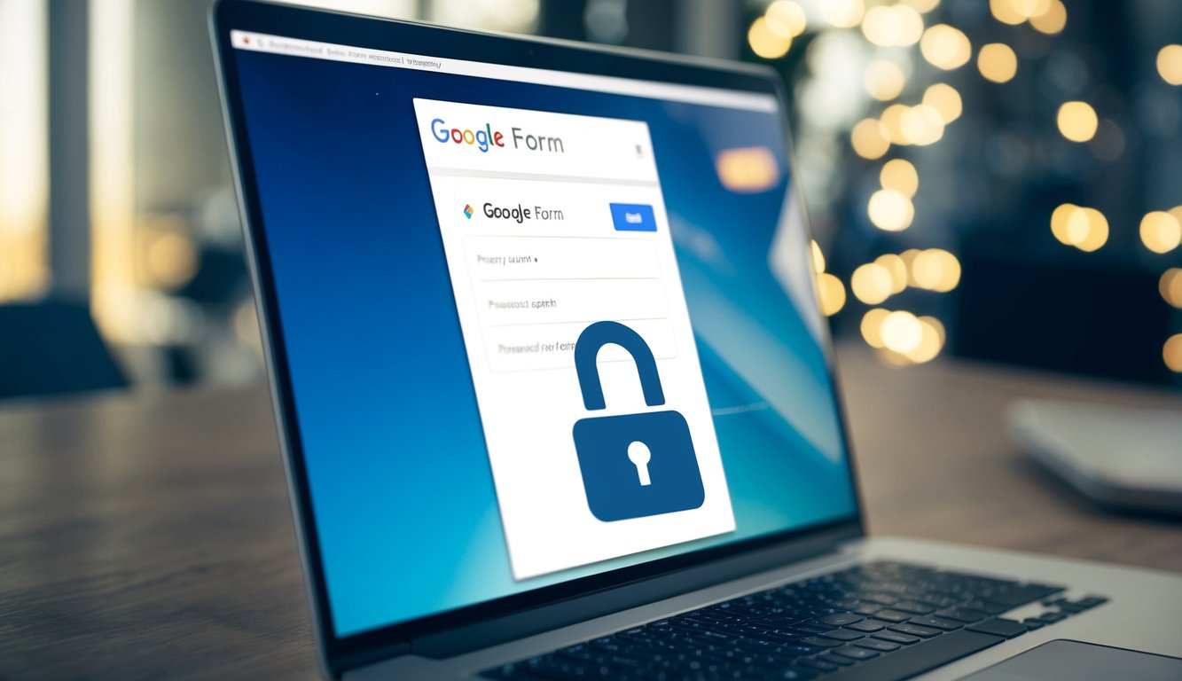 A computer screen displaying a Google form with a lock icon overlaying it, indicating password protection. A key symbol represents access management