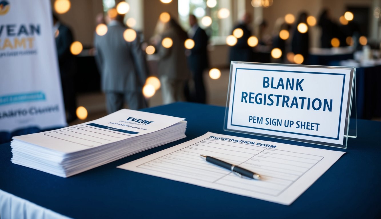 A table with a stack of blank registration forms, a pen, and a sign-up sheet. A banner with the event name hangs above the table