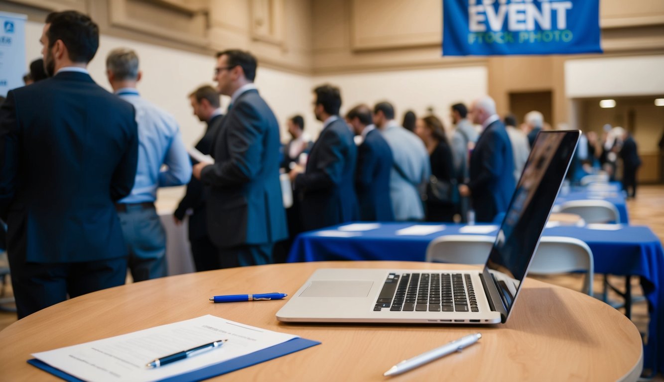 A table with a laptop, pen, and paper. A banner with the event logo hangs in the background. A line of people waits to register