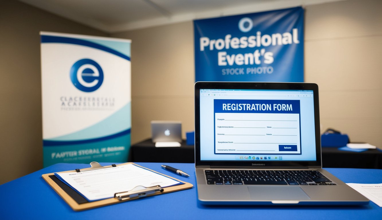 A table with a laptop displaying a registration form, a pen, and a clipboard with blank forms. A banner with the event's logo hangs on the wall