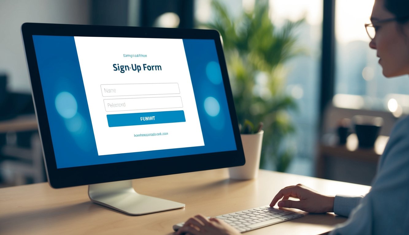 A computer screen displaying a simple and clean online sign-up form with input fields for name, email, password, and a submit button