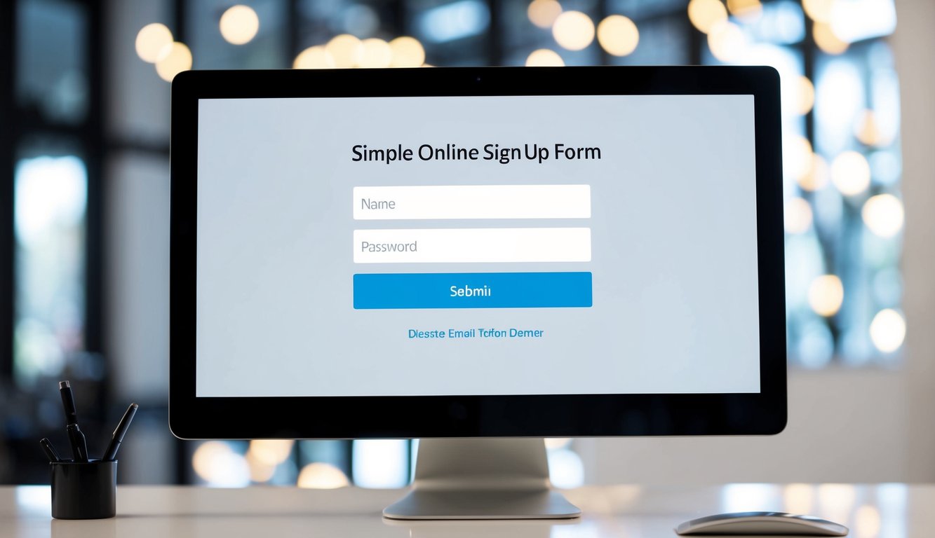 A computer screen displaying a simple online sign-up form with input fields for name, email, and password, along with a submit button. The form is integrated seamlessly into a website design