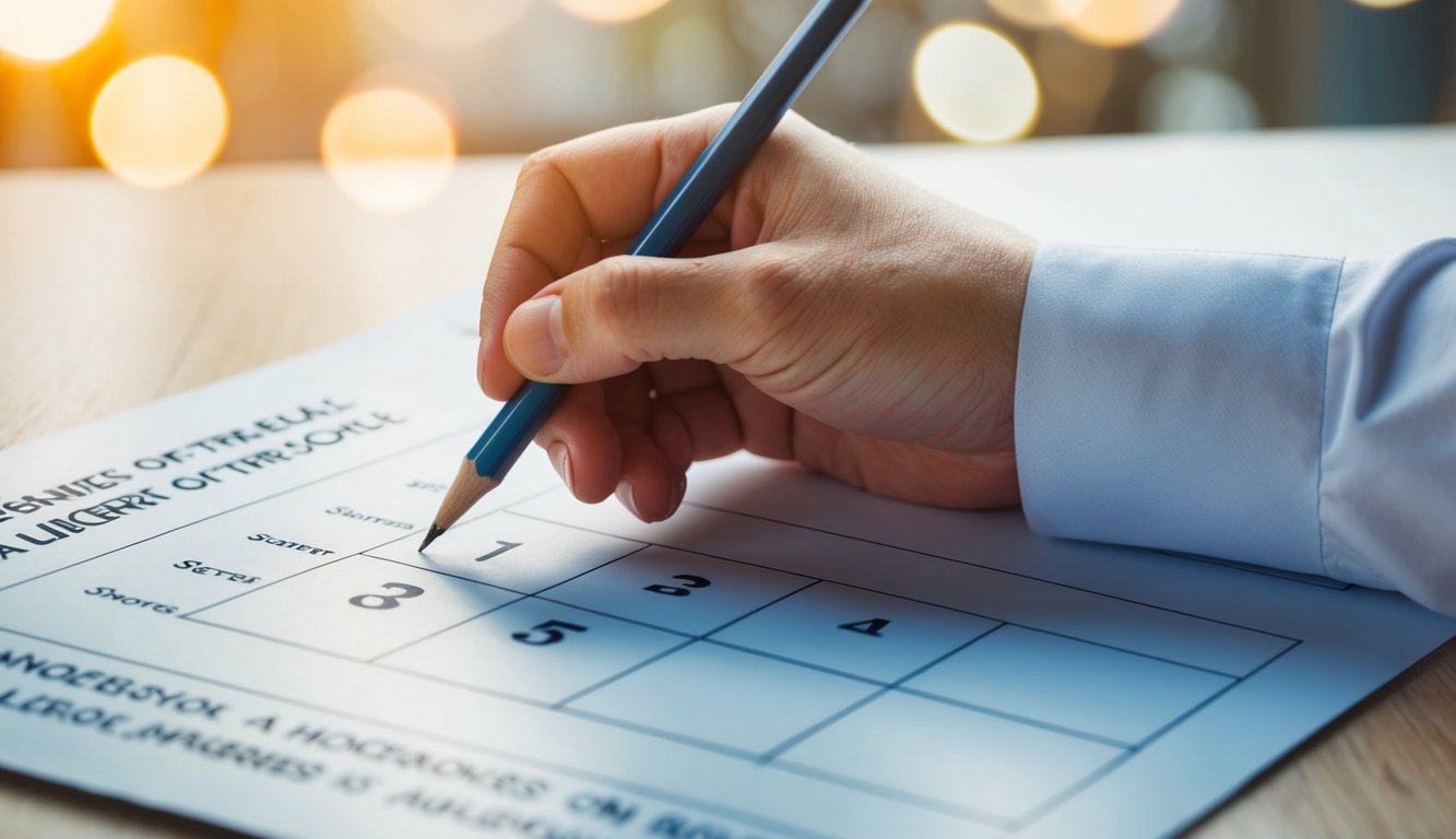 A hand holding a pencil, circling a number on a likert scale from 1 to 5, with a series of statements listed below