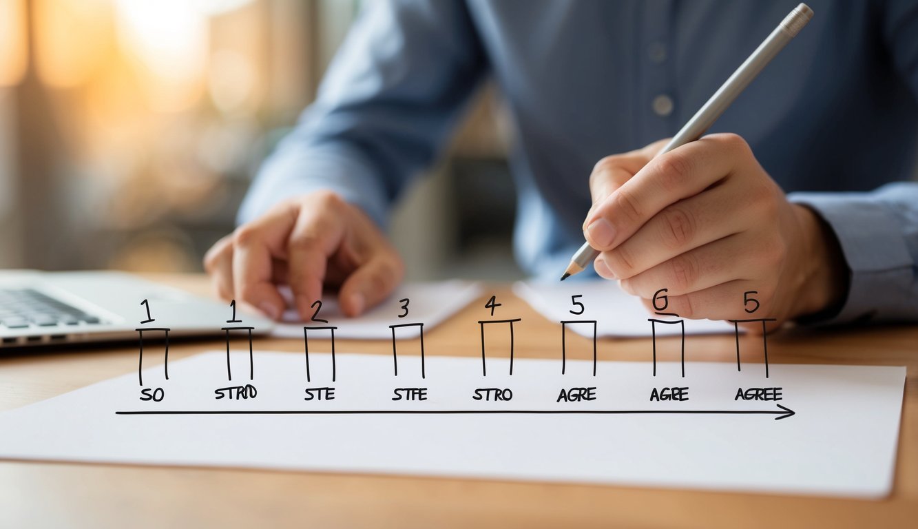 A hand drawing a Likert scale with 5 options, ranging from strongly disagree to strongly agree. A pencil or digital stylus is used to create neat, evenly spaced lines