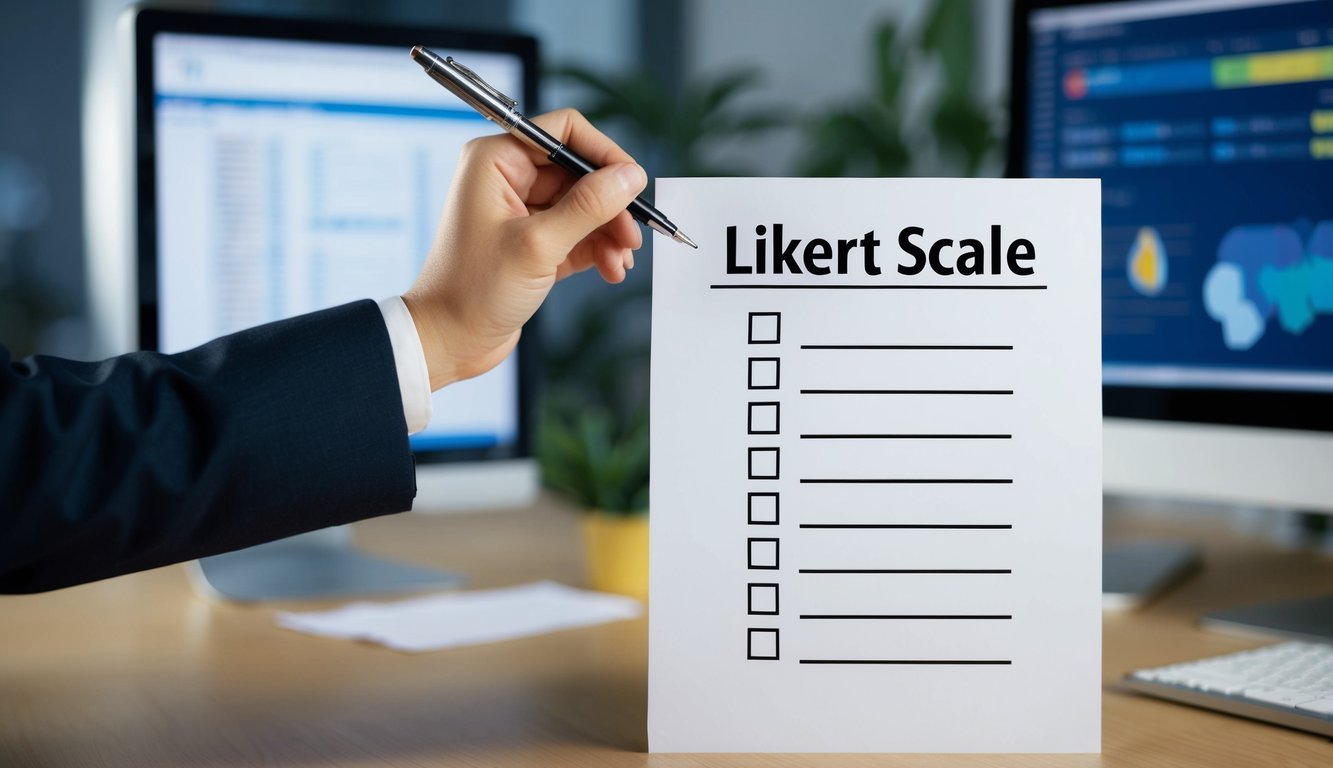 A hand holding a pen hovers over a blank sheet of paper with a likert scale question at the top. A computer with data analysis software is visible in the background