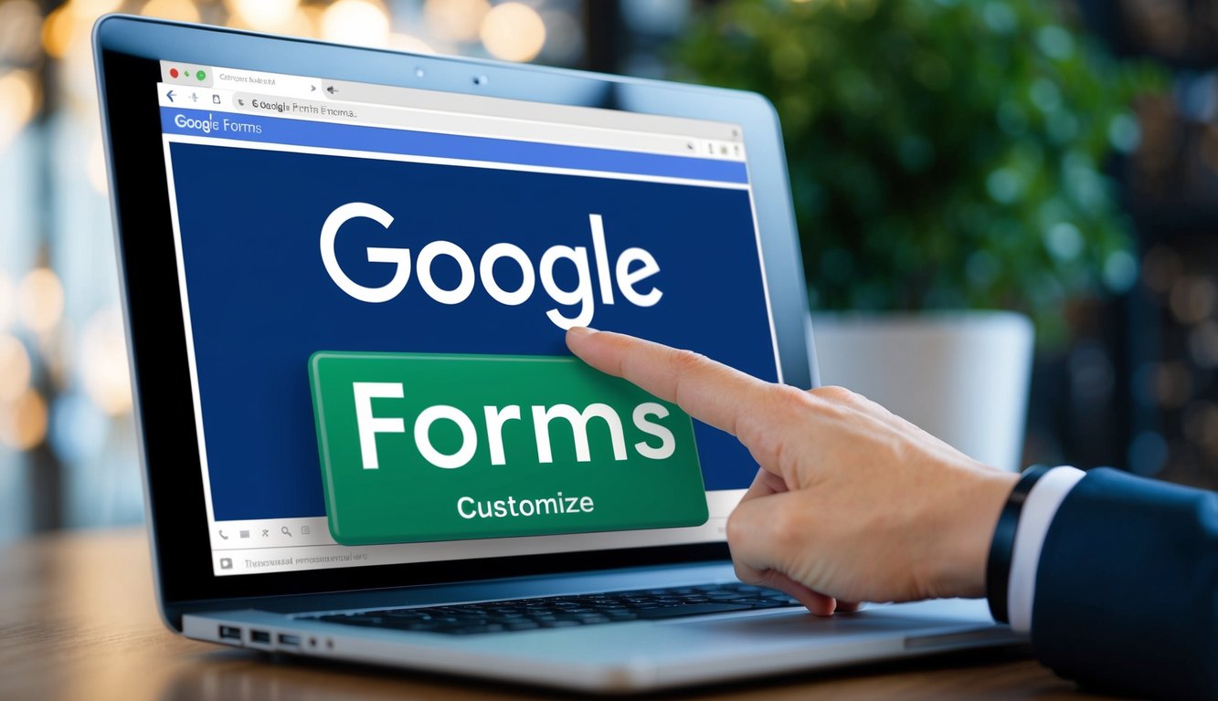 A hand clicks on a computer screen, opening the Google Forms interface. The cursor hovers over the "customize" button, ready to personalize the form link