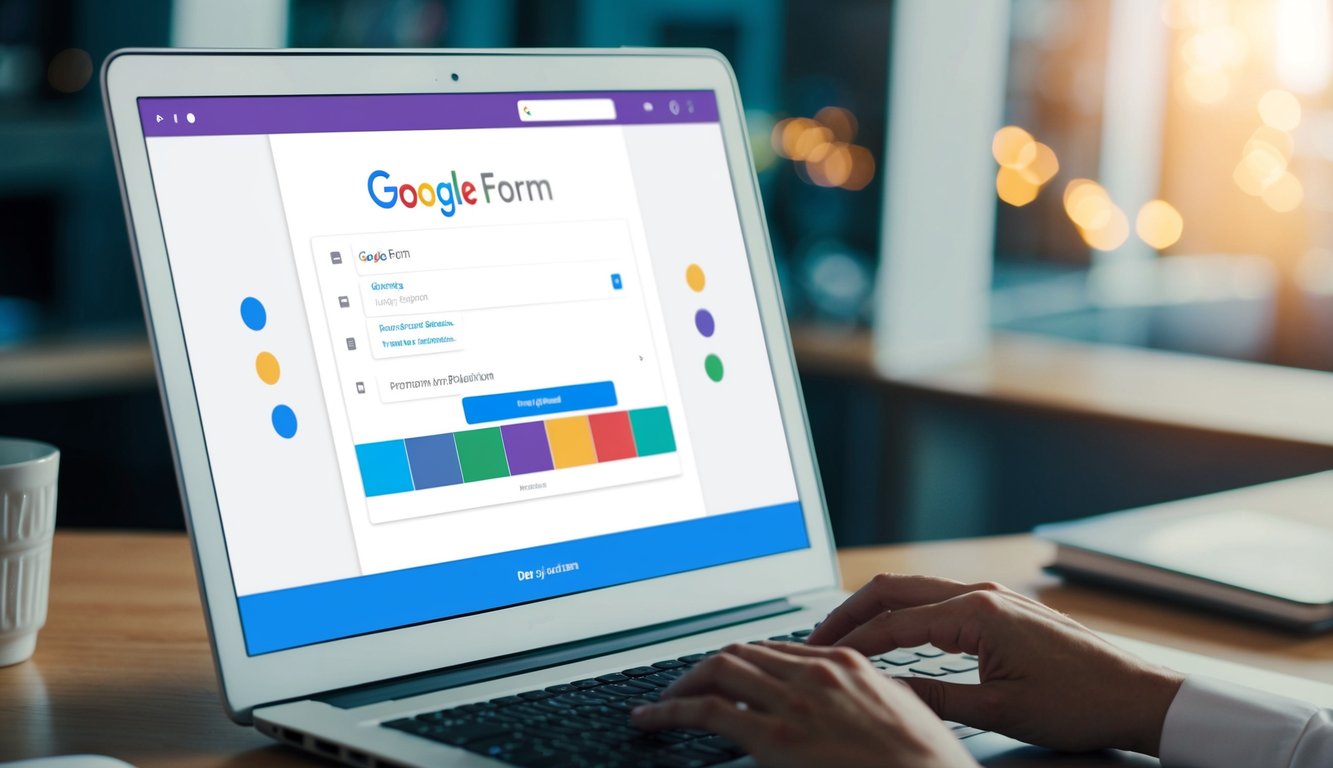 A computer screen displaying a Google Form link with various options for customization and design. Icons and color palettes surround the link