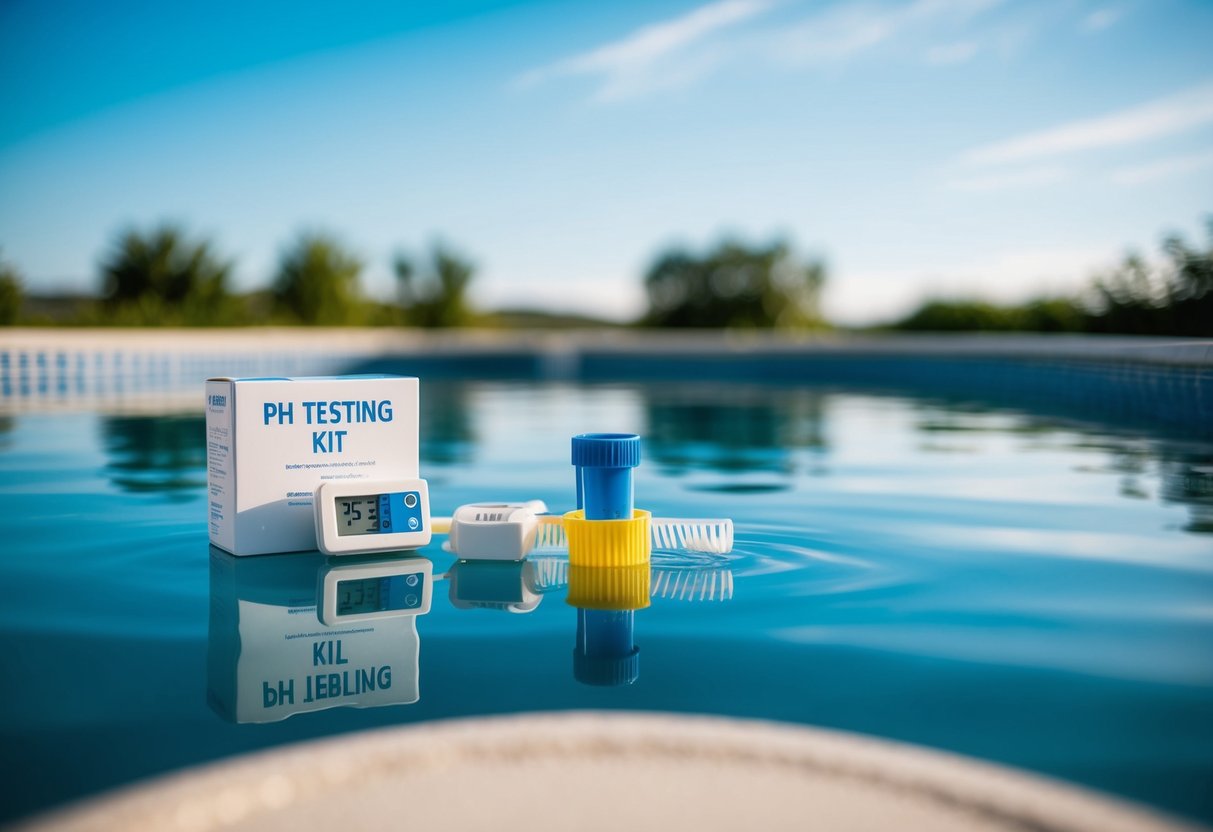 A pool with a pH testing kit, a clear blue sky, and a serene water surface reflecting the surrounding landscape