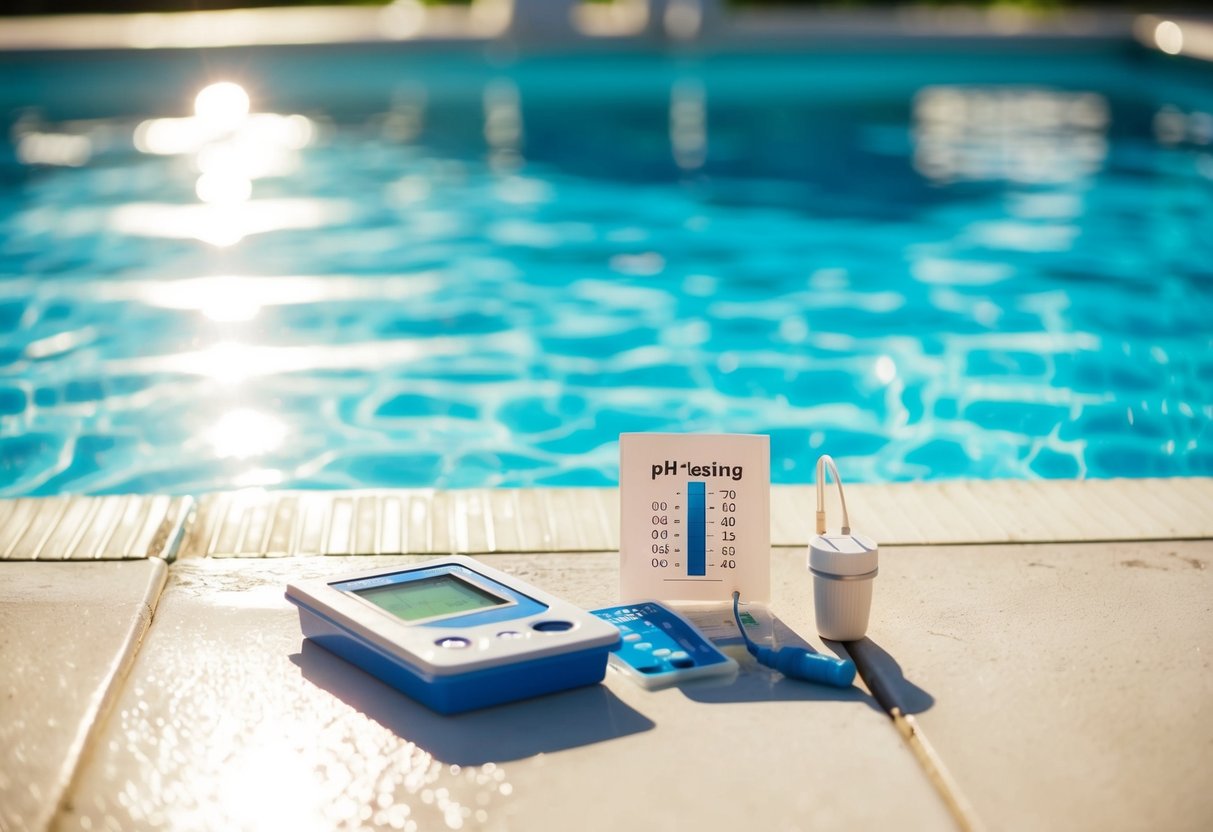 A pool with a pH testing kit floating on the surface. A chart displaying pH levels is nearby. Sunlight reflects off the clear, blue water