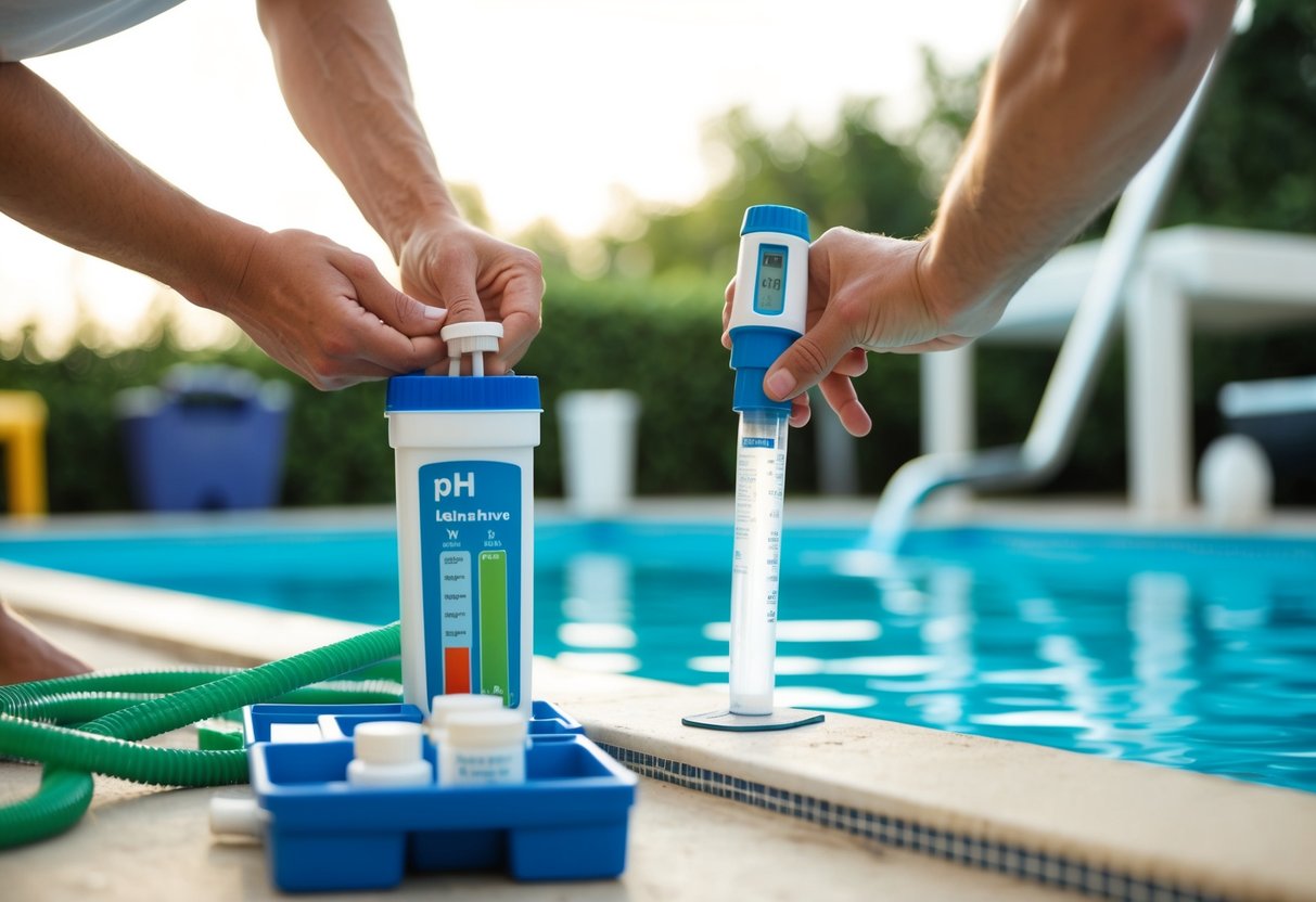 A person testing pool water pH levels using a testing kit and adjusting chemicals accordingly. Pool equipment and maintenance tools are visible in the background