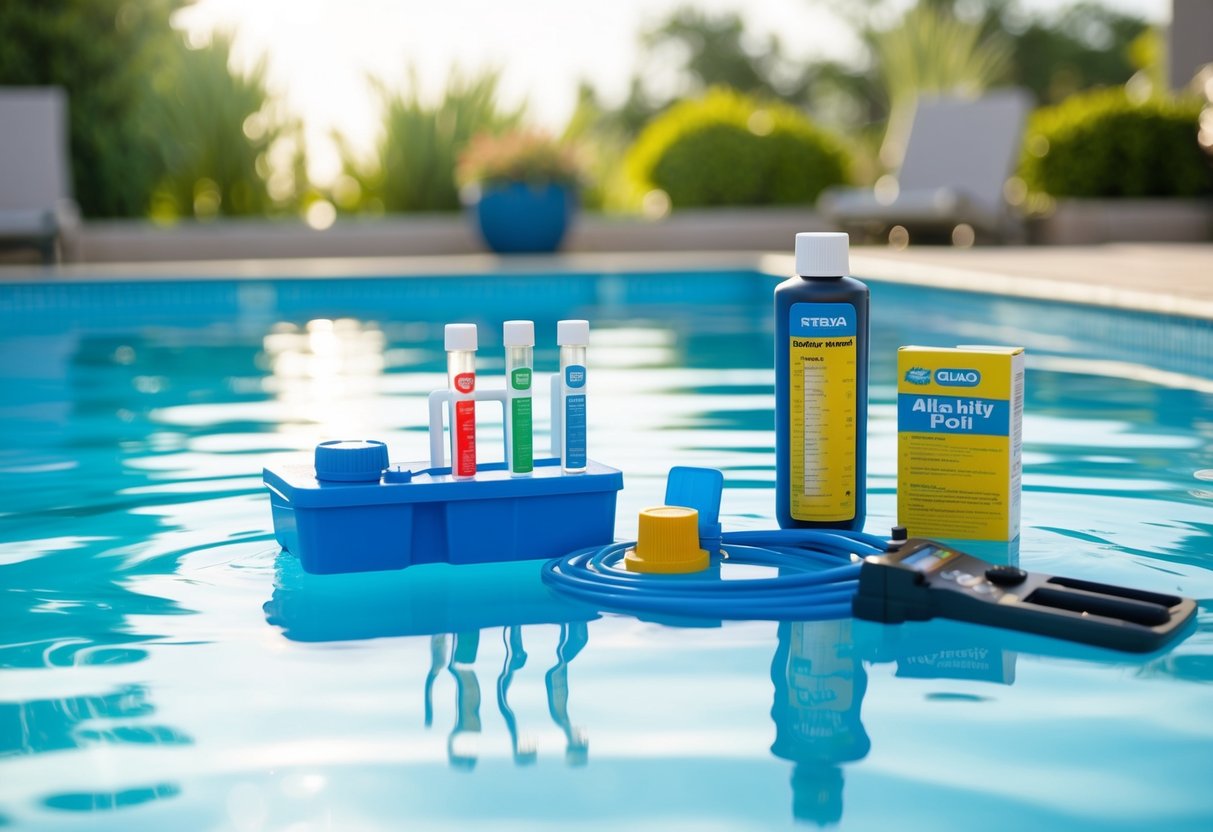 A pool with clear water and balanced pH levels. Testing kit and alkalinity increaser nearby. Pool maintenance tools and equipment neatly organized