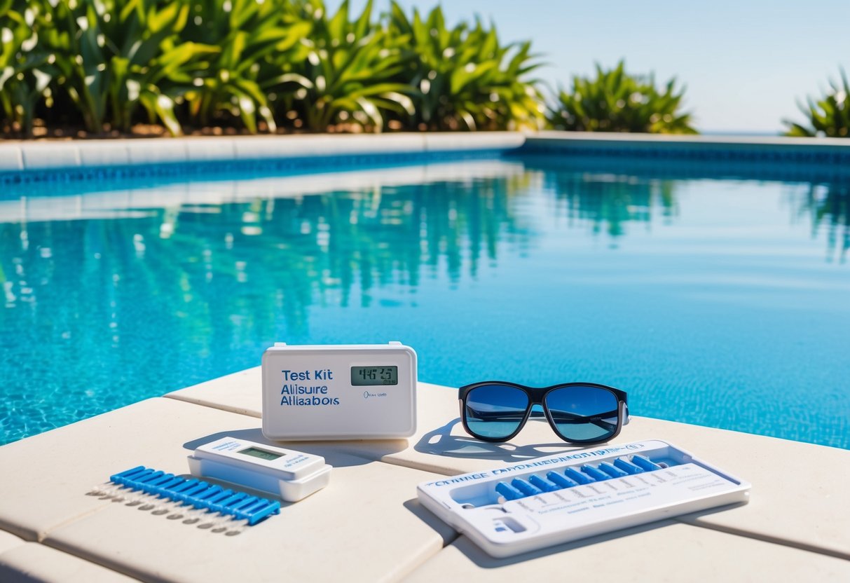 A pool with clear blue water, surrounded by lush green plants and a clear sky. A test kit and alkalinity adjusters are neatly arranged on a nearby table