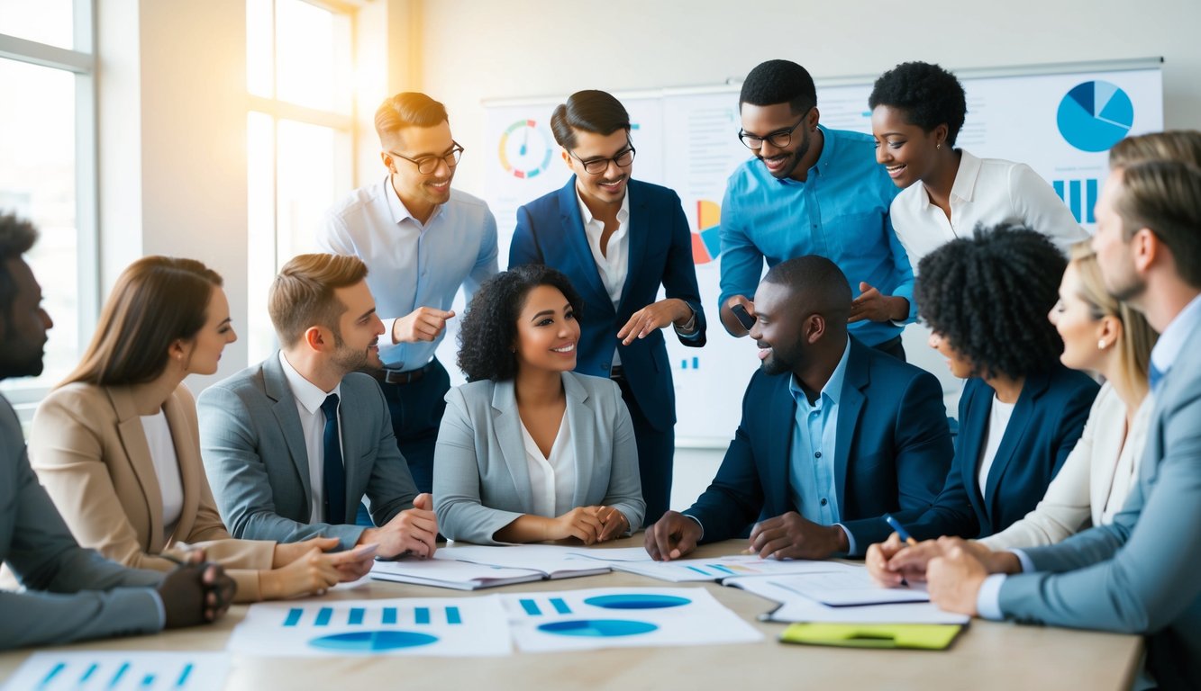 A diverse group of people, representing different demographics, are gathered in a room. They are engaged in discussion and brainstorming, surrounded by charts and graphs