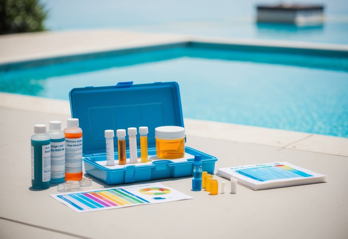 A pool water testing kit sits open on a clean, flat surface. Bottles of testing reagents, test tubes, and a color chart are arranged neatly