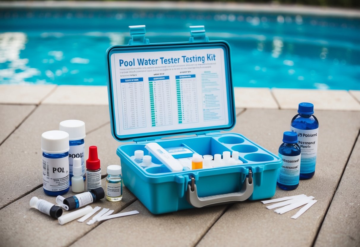 A pool water testing kit sits open on the pool deck, with various testing vials, test strips, and bottles of chemicals scattered around